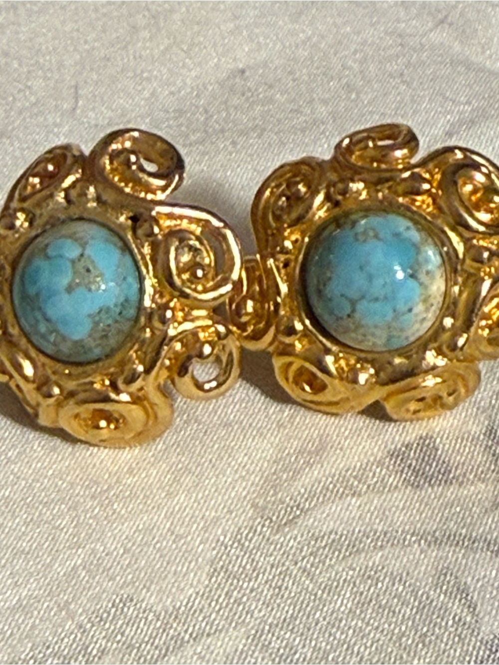 Vintage Mid-Century Gold Tone Openwork Swirl Clip-On Earrings Faux Turquoise